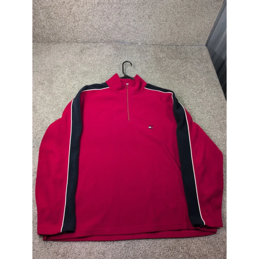 Tommy Hilfiger Mens XL Red Quarter Zip Fleece Pullover Navy White Stripe Vintage